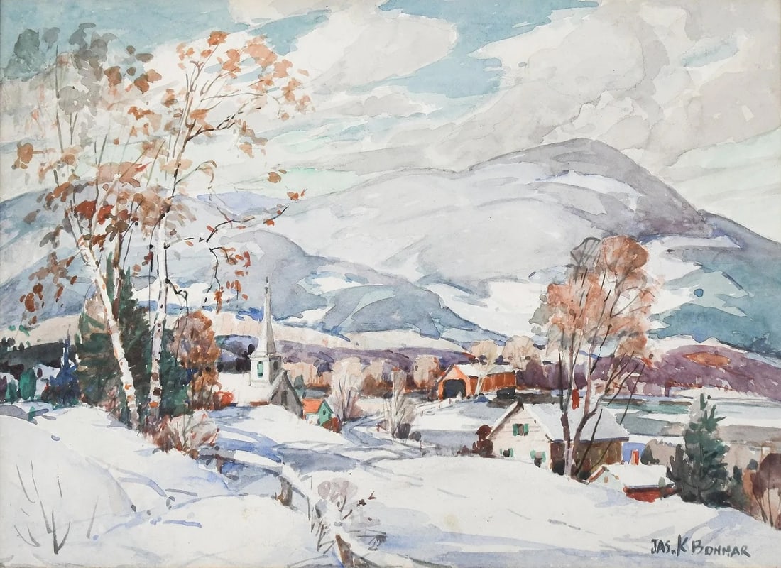 James King Bonnar (1883 - 1961) American: ames King Bonnar (1883 - 1961) watercolor on paper, winter country landscape, artist signed lower right, Jas. K. Bonnar measures 10” x 14” w/frame 17” x 21”