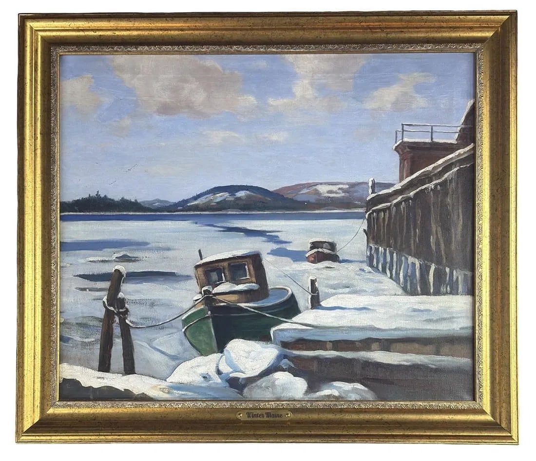 Julius Maximilian Delbos (1879 - 1970) "Winter Maine": Julius Maximilian Delbos (1879 - 1970) Oil on canvas, signed lower right titled "Winter Maine." Measures 25 x 30 and 31 x 36 inches w/frame. Julius M. Delbos, born in 1879 in London, England, was a la