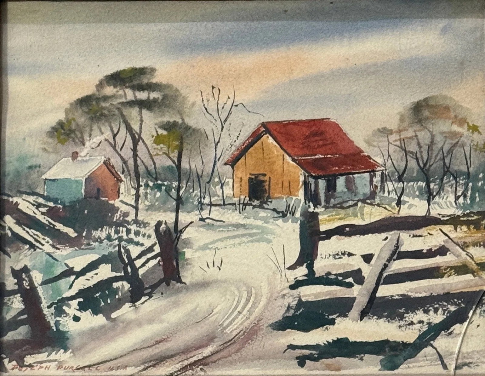 Joseph Douglas Purcell (1927 - 2015) Nova Scotia / Canada: Joseph Douglas Purcell (1927 - 2015) Watercolor on paper, signed lower left, measures 7.5 x 9.5 and 11 x 13 x 2 inches w/frame. Joseph Douglas Purcell is a painter and muralist. He was born in Halifax