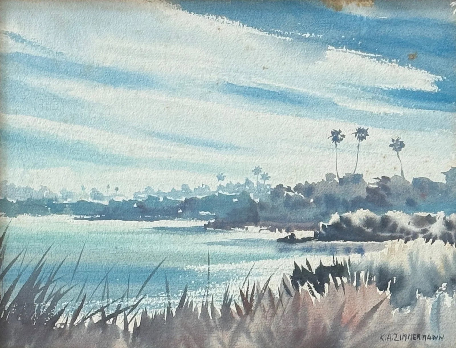 Kasper A. Zimmermann (1927 - 2002) American/Switzerland: Kasper A. Zimmermann (1927 - 2002) Watercolor on paper, signed lower right, measures 9.5 x 12.5 and 17 x 21.5 inches w/frame. Little is currently known about the background and training of Florida lan