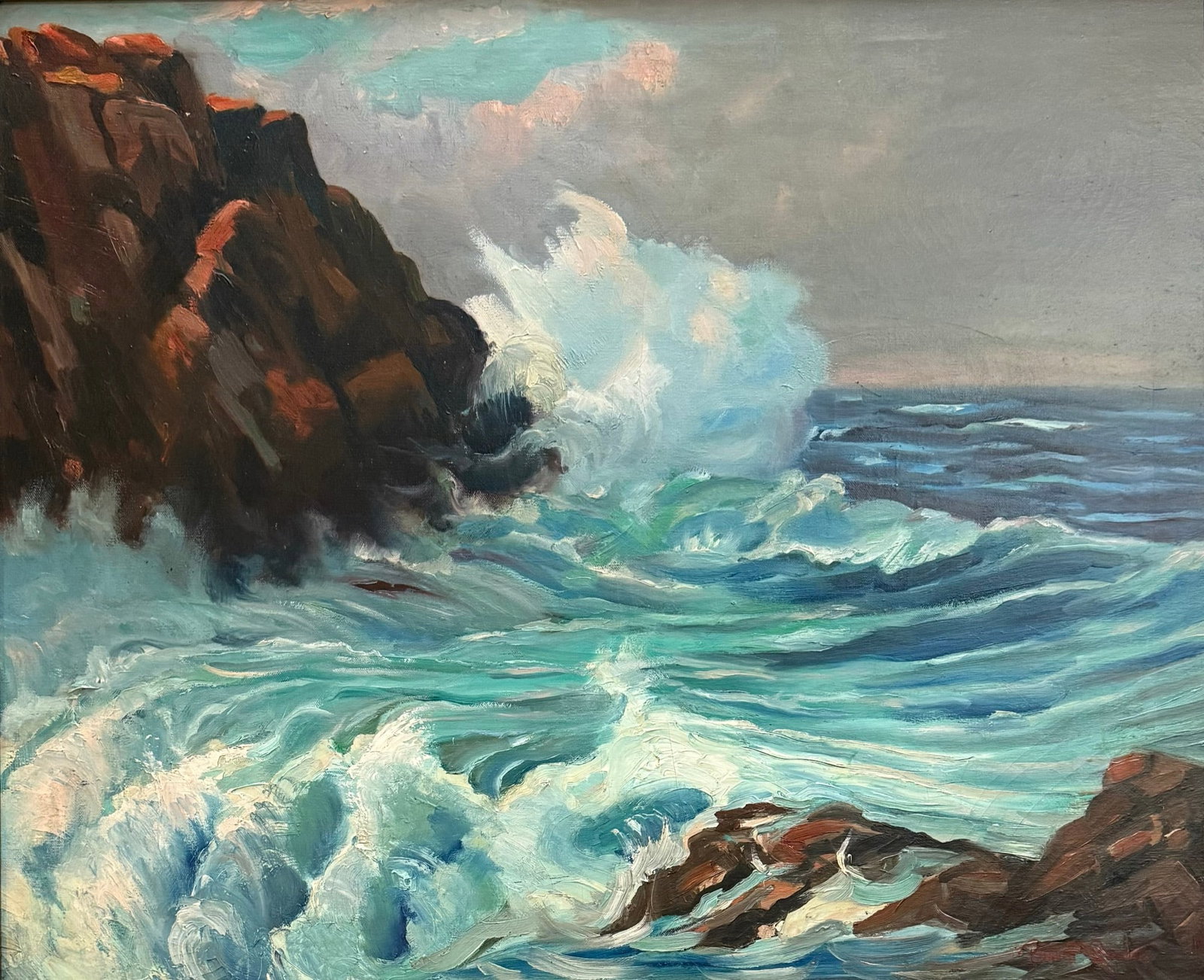 Bennett Bradbury (1914 - 1991) " Wave": Bennett Bradbury (1914 - 1991) " Wave" oil on Canvas Signed , measures 25"x31" ,w/f 30"x36" Bennett Bradbury was born in Wrentham, Massachusetts on February 23, 1914. He was the offspring of one of