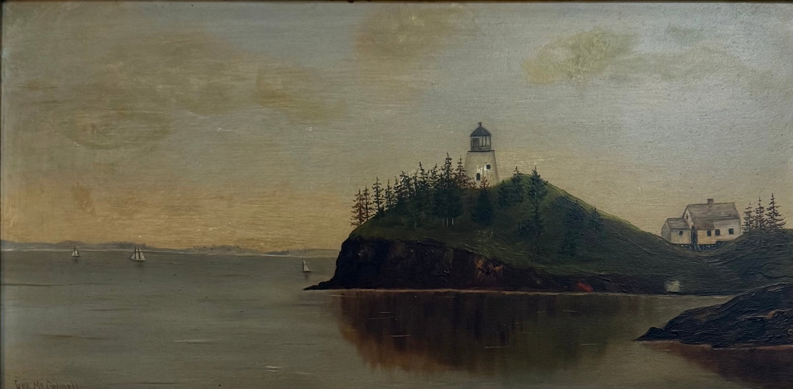 George McConnell(1852 - 1929) American: George McConnell(1852 - 1929) American " Lighthouse a rocky coastline" Oil on Panel ,Signed measures 8"x16", w/f 10.5"x18"McConnell studied portraiture in Philadelphia and New York. He also studied