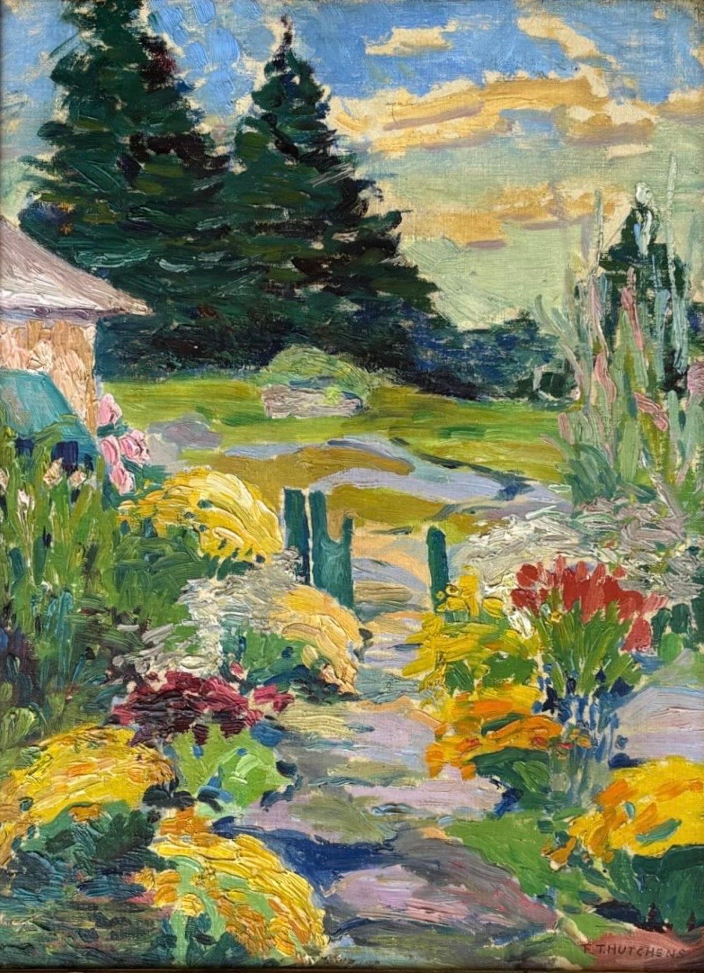 Frank Townsend Hutchens (1869 - 1937) American "Village Garden": Frank Townsend Hutchens (1869 - 1937) American , Oil on boardSigned , measures 16"x13" w/f 20"x24"Frank Townsend Hutchens was born in Canandaigua, N.Y. on June 7, 1869. Canandaigua is a picturesque