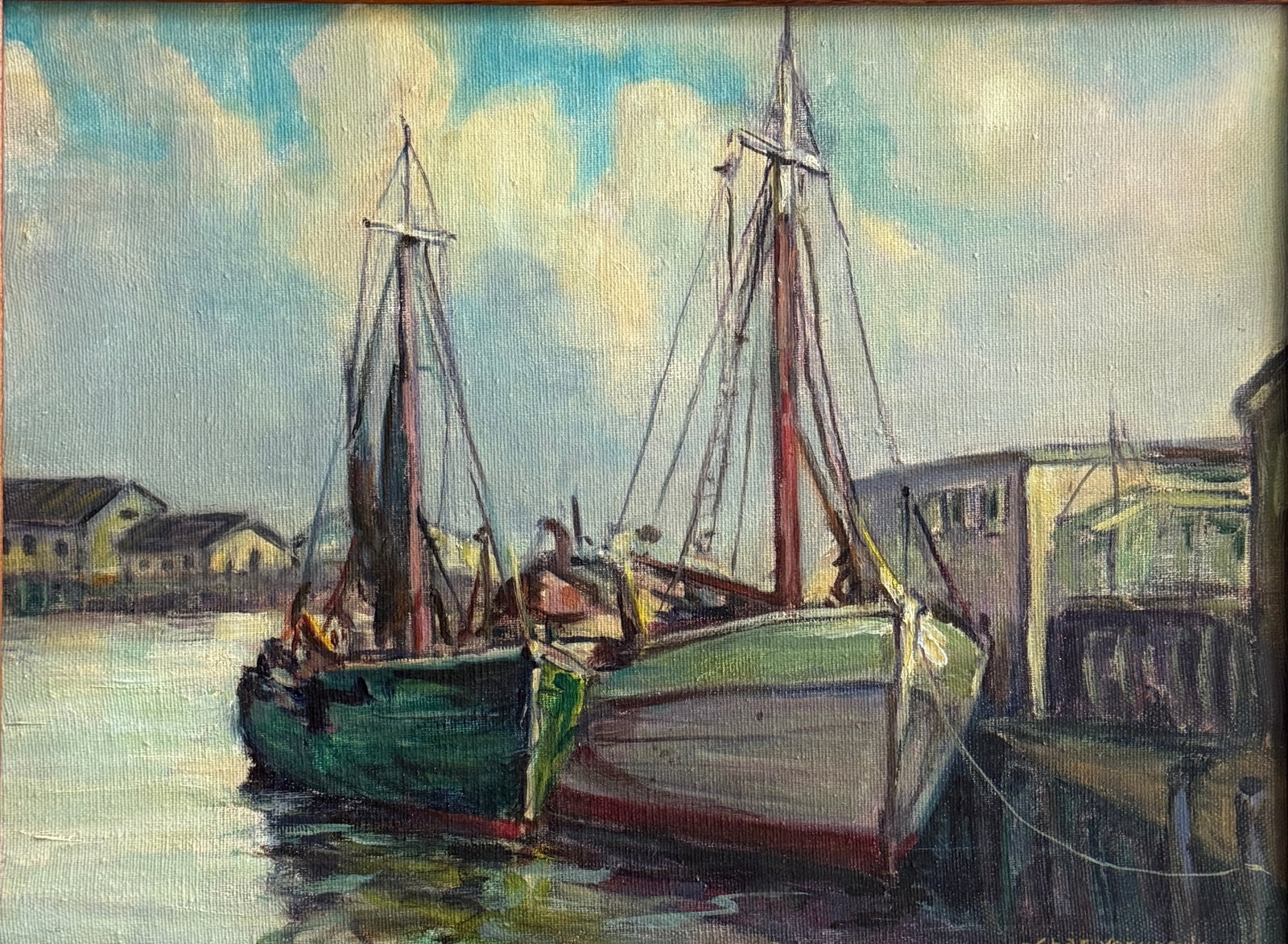 Charles Vermoskie (1905 - 1991) Harbor Scene: Charles Vermoskie (1905 - 1991) Harbor Scene, Oil on canvas, signed lower right, measures 12 x 16 and 16 x 20 inches framed. Born March 6, 1905, in Cambridge, Massachusetts, and deceased March 4,