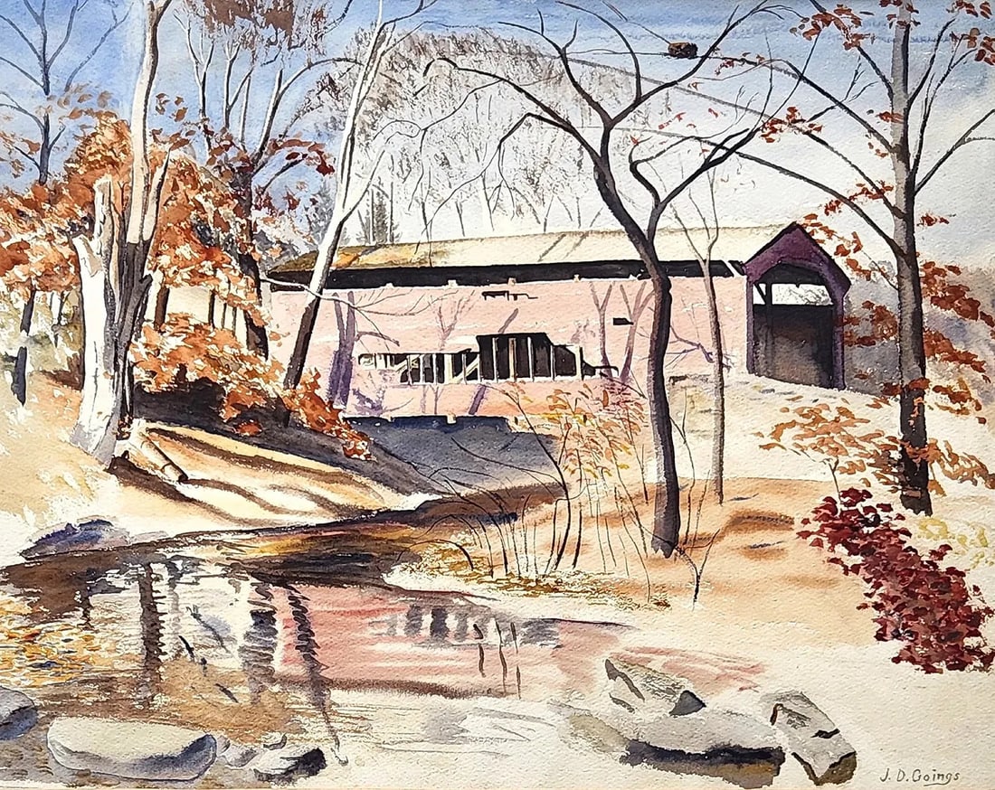 J.D. Goings Signed Watercolor Landscape with Barn and Winter Stream: Original watercolor landscape by J.D. Goings, depicting a rural barn set beside a winter stream with leafless trees and soft reflections in the water. Executed in muted earth tones, the scene conveys 