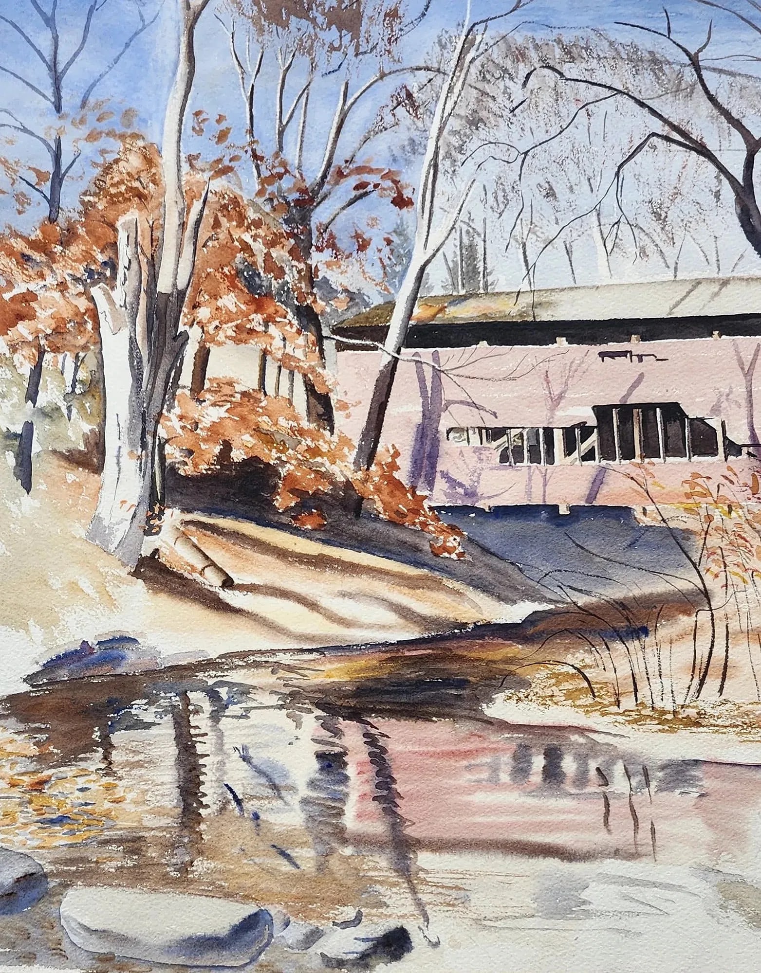 J.D. Goings Signed Watercolor Landscape with Barn and Winter Stream - 3