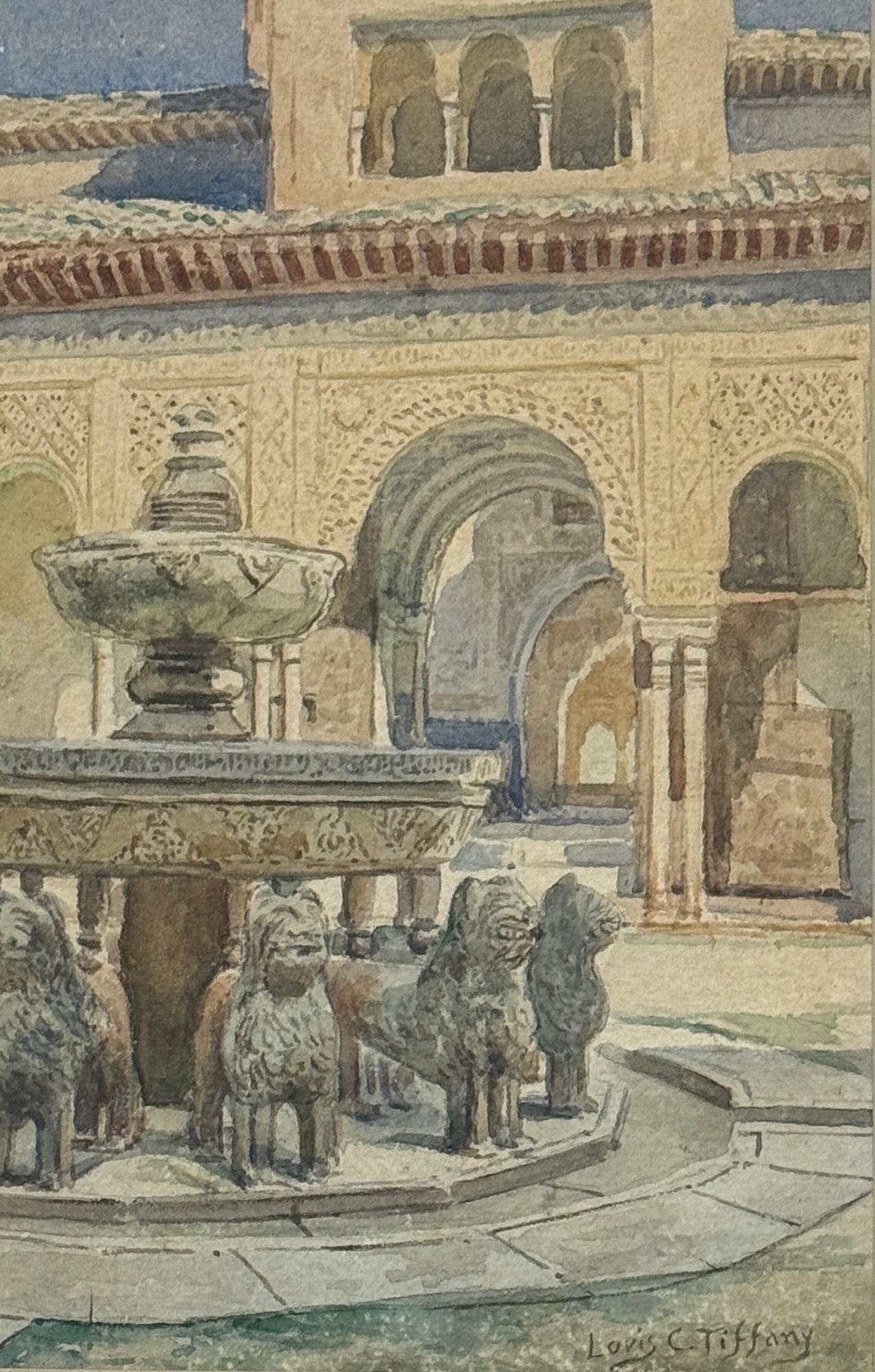 Louis Comfort Tiffany (1848 - 1933) American "Architectural ": Louis Comfort Tiffany, American (1848 - 1933) Watercolor On Paper "Architectural , Signed , measures 9"x6" w/f 16"x12.5" Born in New York City to the founder of Tiffany & Co., the famous jewelry store