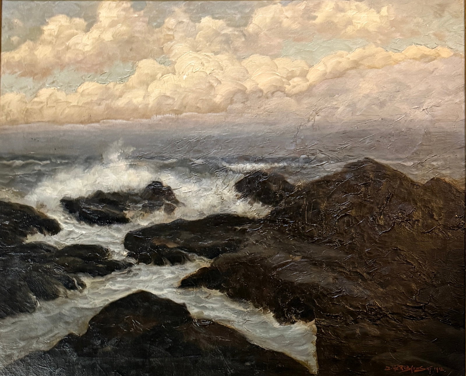 Richard Dey De Ribcowsky (1880 - 1936): Richard Dey De Ribcowsky (1880 - 1936) CRASHING SURF ON ROCKY SHORE, OIL ON CANVAS, SIGNED LOWER RIGHT AND DATED 1912. FRAMED. 20 X 24