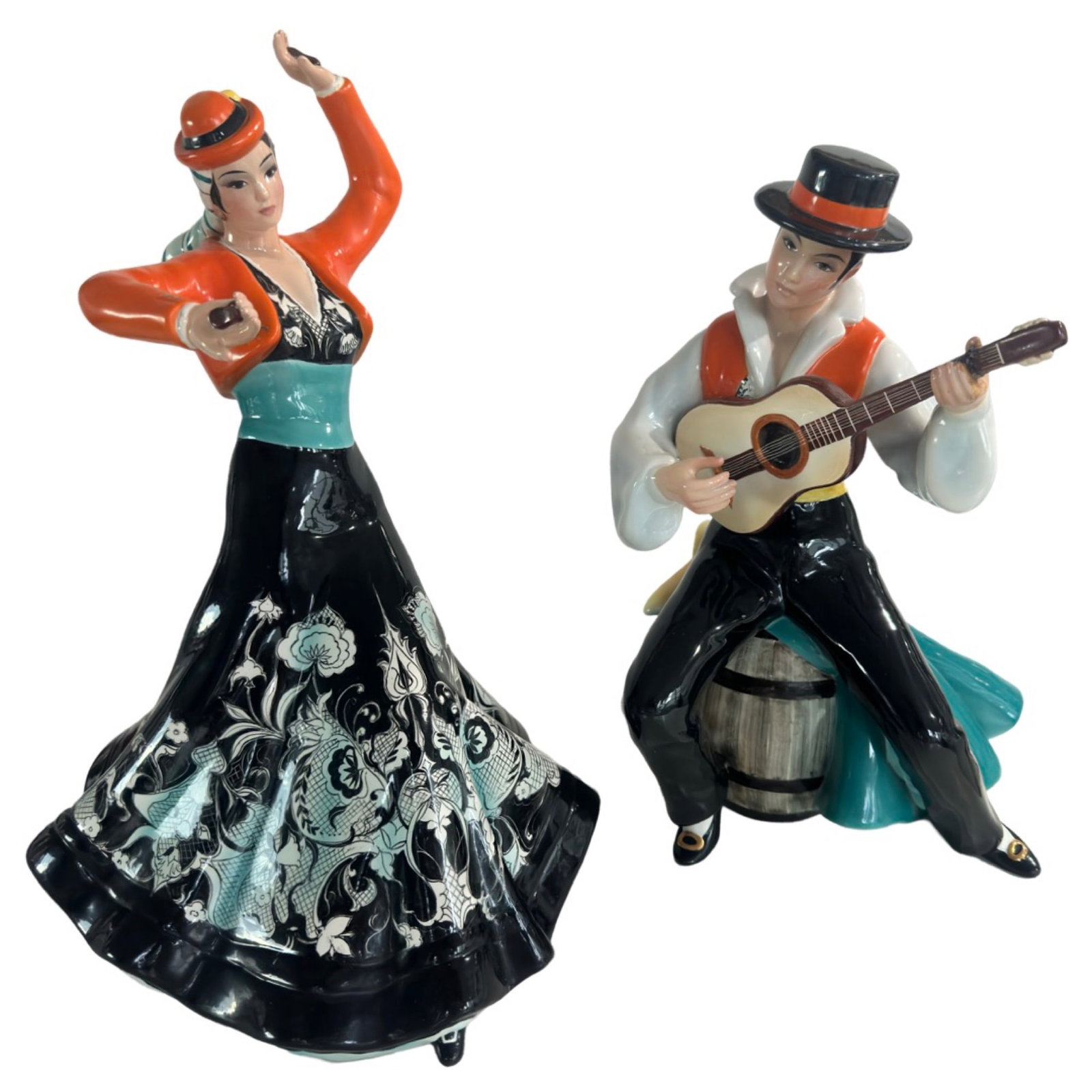 Vintage Ronsan Italy Ceramic Pair of Spanish Dancers: Vintage Ronsan Italy Ceramic Pair of Spanish Dancers, woman measures 15" h and 13" wide, Man Measures 13'' H and 13'' Wide.