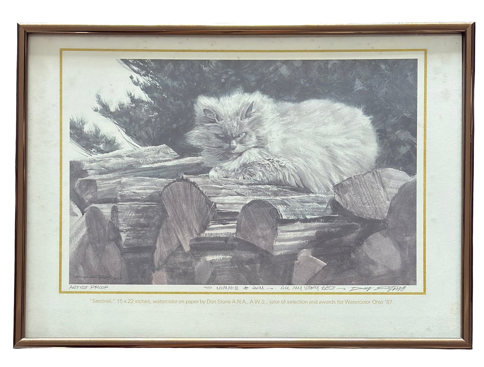 Don Stone (1929 - 2015) "Sentinel" Artist Proof: Don Stone (1929 - 2015) "Sentinel" Artist Proof Signed and dedicated to "Nummie & Jim" by artists. Measures 17 x 23 inches framed. Internationally known modern impressionist painter Don Stone died pea
