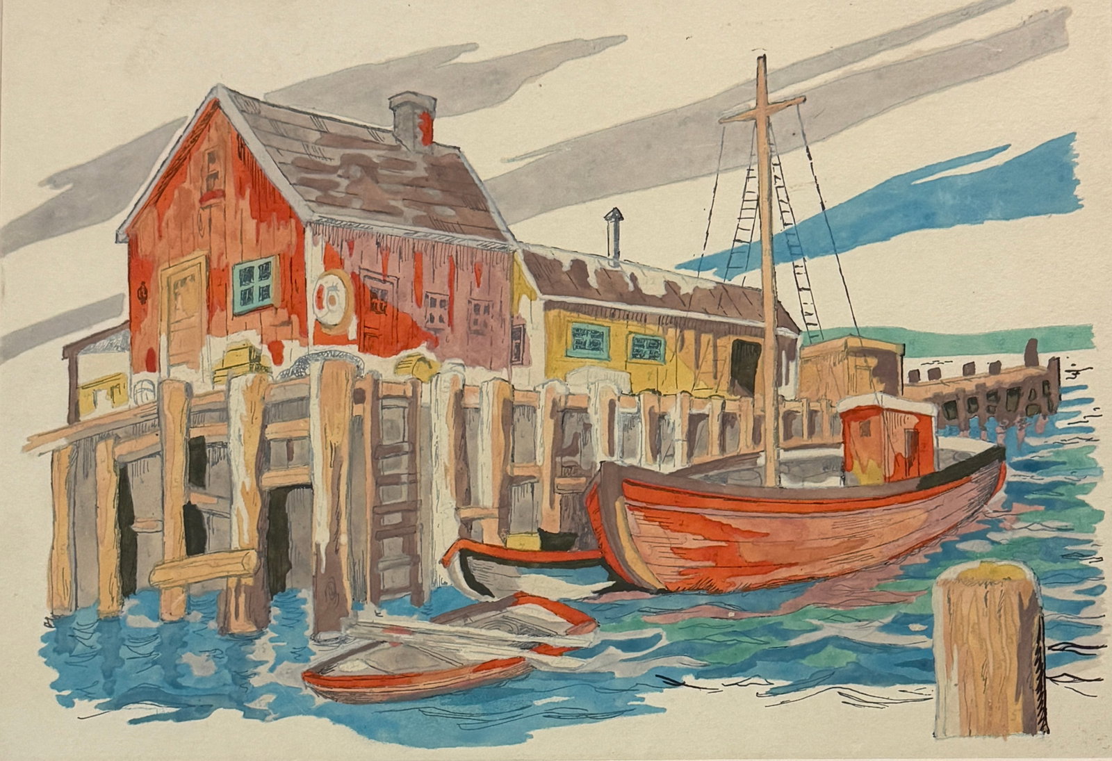 Vintage 20 - Century Watercolor or gouache Fishing Boat (1 of 2)