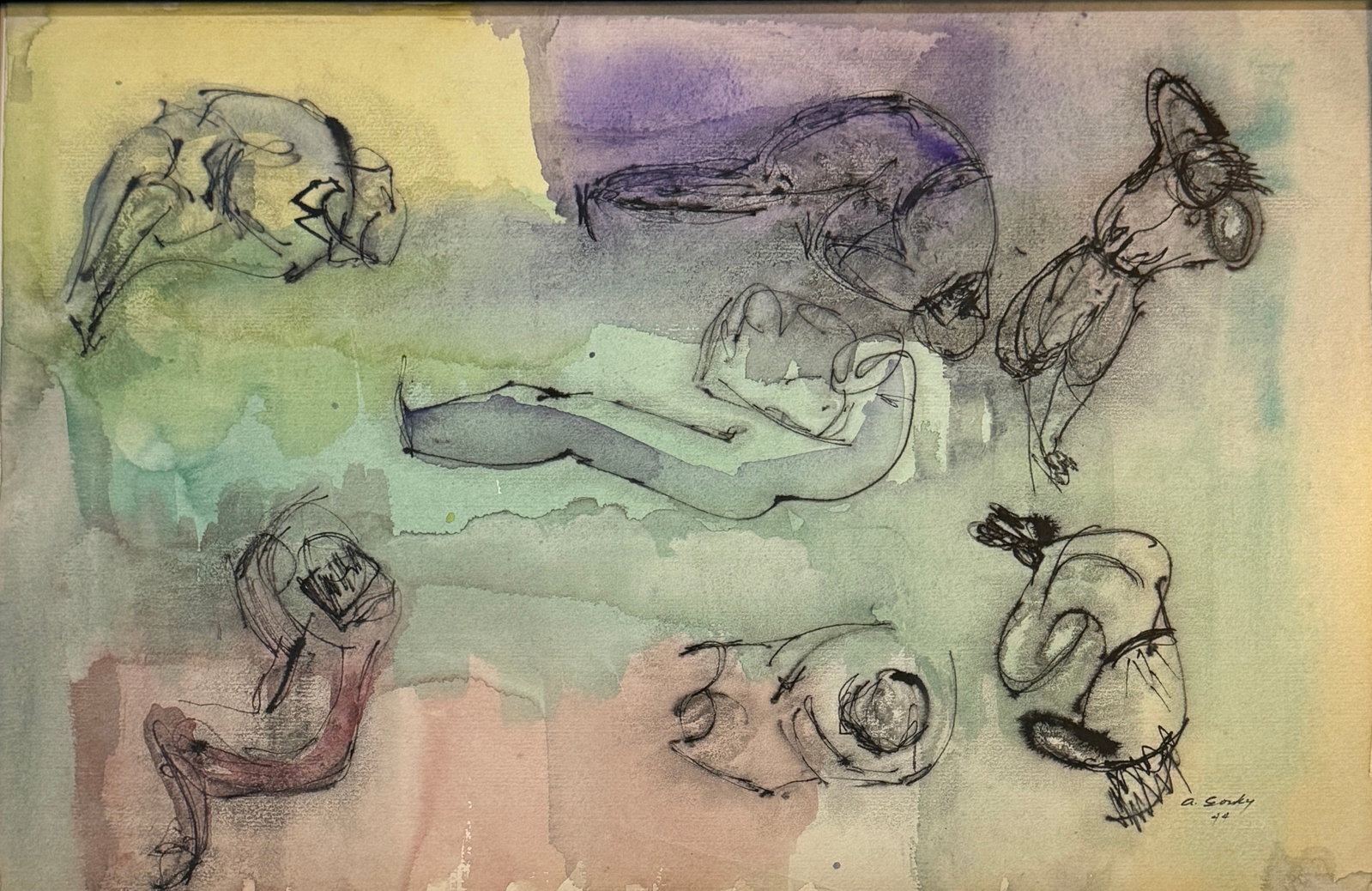 Arshile Gorky (1904 - 1948) American Attributed: Arshile Gorky (1904 - 1948) American Attributed , Mixed Media on paper Signed , measures 12"x18" w/f 13.5"x20" This is an excellent exhibition which takes the viewer on a journey from Gorky's early ye