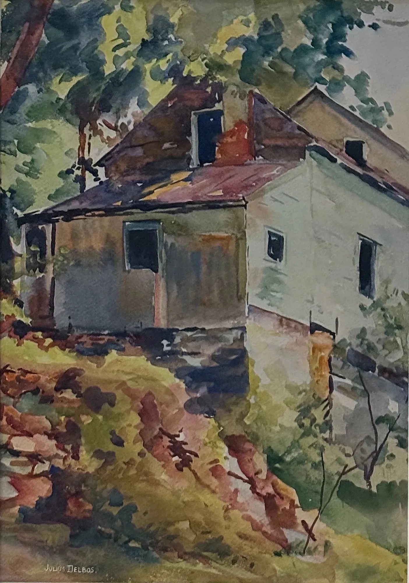 Julius Maximilian Delbos (1879 - 1970) American: Julius Maximilian Delbos (1879 - 1970) Watercolor on paper, signed, measures 19 x 13.5 and 29 x 23 x 1 inches w/frame. Julius M. Delbos, born in 1879 in London, England, was a landscape painter, teach