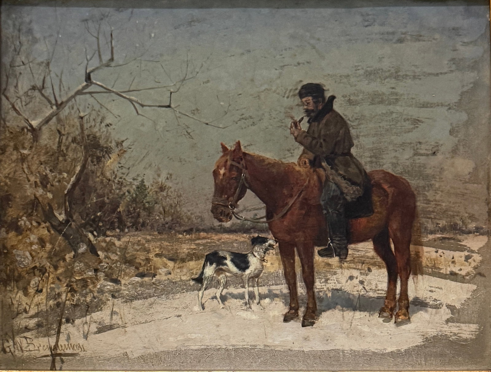 George Brenneman (Born in New York, in 1856 ..?) "Man on Horse with Dog": George Brenneman (Born in New York, in 1856 ..?) "Man on Horse with Dog"Oil on Board ,Signed Lower Left Period Frame measures 9"x11'Brenneman, George W. Born in New York, in 1856, of German parentage,