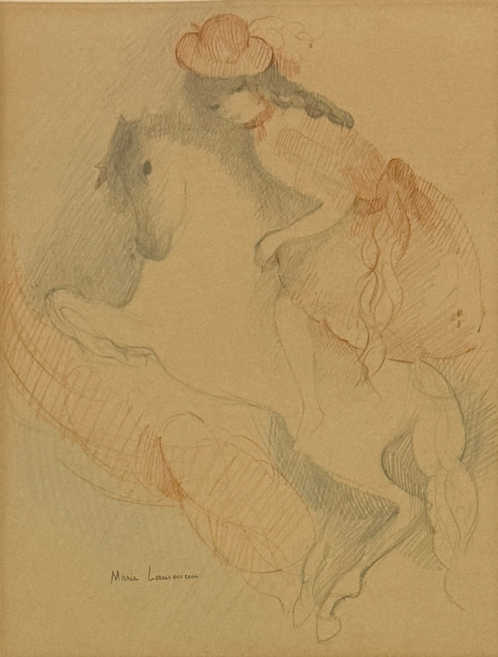 Marie Laurencin (French | 1883 - 19560: Marie Laurencin (French | 1883 - 19560 ,Watercolor over pencil line on paper ,Signed Lower Left, measures 10.5 x 8 and 18 x 16 inches framed. Marie Laurencin, intimate of Braque, Picasso, Matisse and