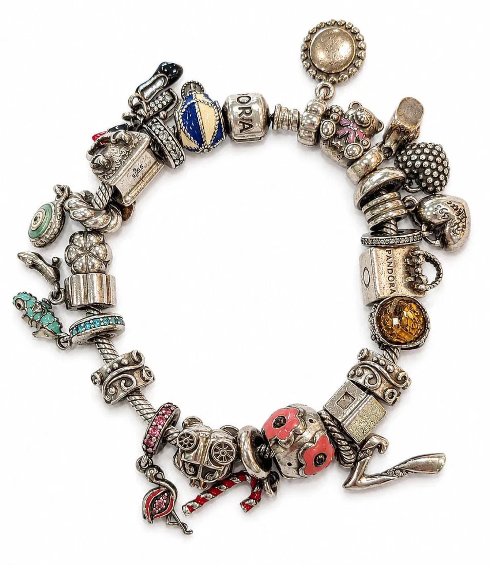 Pandora Sterling Silver Snake Chain Charm Bracelet with Mixed Enamel & Dangle Charms (1 of 5)