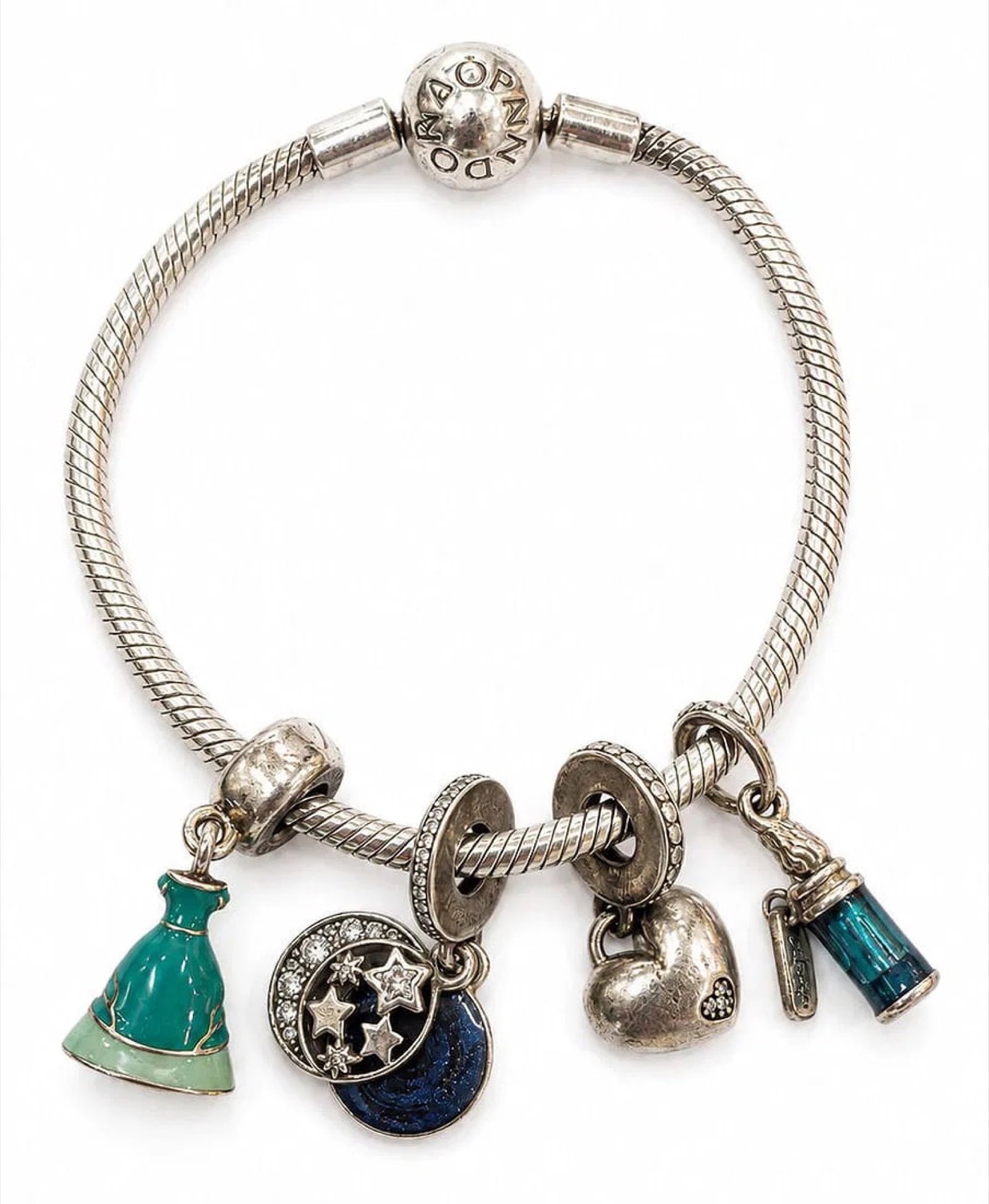 Pandora Sterling Silver Snake Chain Charm Bracelet with Mixed Enamel & Dangle Charms (1 of 4)
