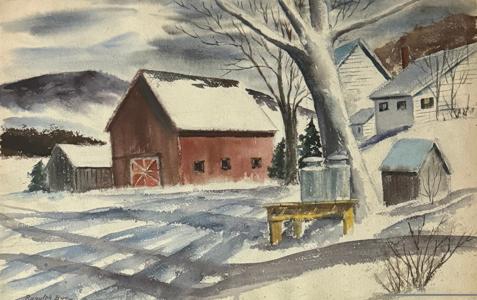 Ranulph Bye (1916 - 2003) Snow Scene: Ranulph Bye (1916 - 2003) Snow Scene Watercolor painting, signed lower left, measures 14 x 21 and 20.5 x 28 inches framed..Ranulph Bye was born in 1916 in Princeton, NJ. He attended the Philadelphia M