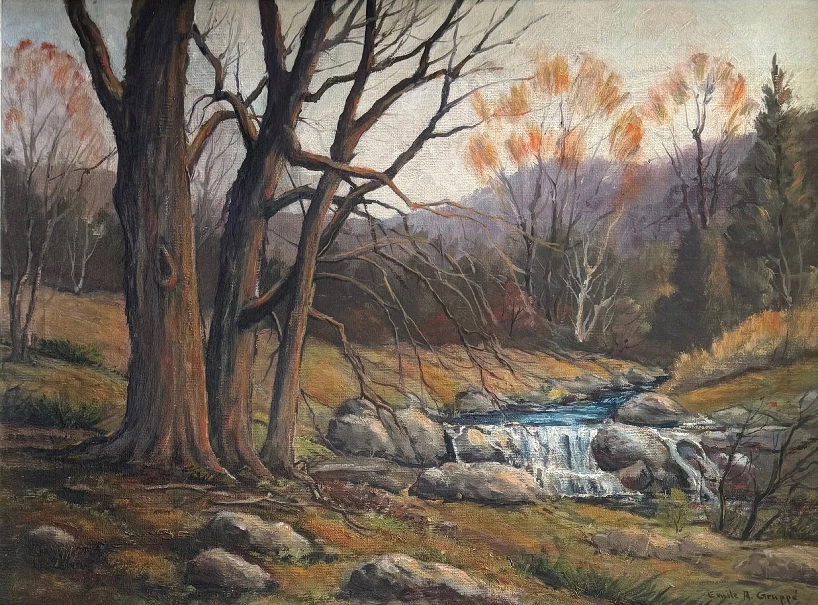 Emile Albert Gruppe (1896 - 1978) Landscape: Emile Albert Gruppe (1896 - 1978) Oil on canvas, signed lower right, measures 18 x 24 and 22 x 28 inches framed. Born in Rochester, New York, in 1896, Emile Albert Gruppé entered a household steeped 