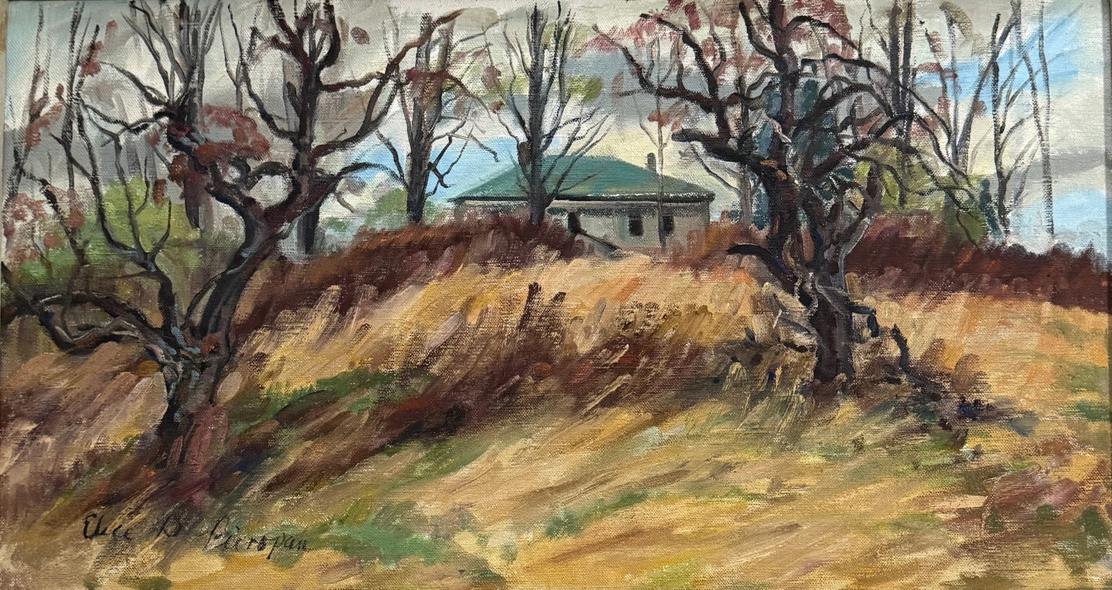 Elice Davis Pieropan (1931 - 2013) "Crest of the Hill": Elice Davis Pieropan (1931 - 2013) "Crest of the Hill" Oil on canvas, signed lower left, measures 13 x 24 and 18.5 x 29 inches framed.