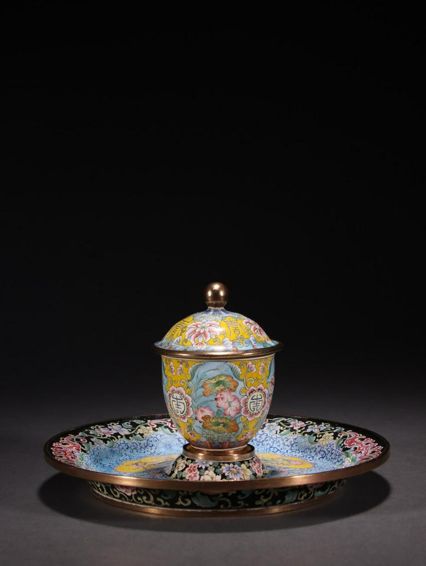 A Copper-Bodied Painted Enamel Cup and Dish (1 of 9)