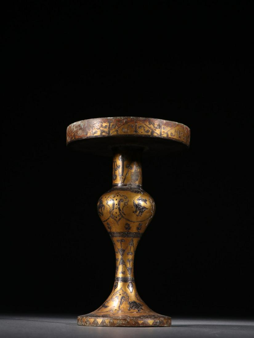 A Rare Bronze Inlaid Gold and Silver Candlestick (1 of 9)
