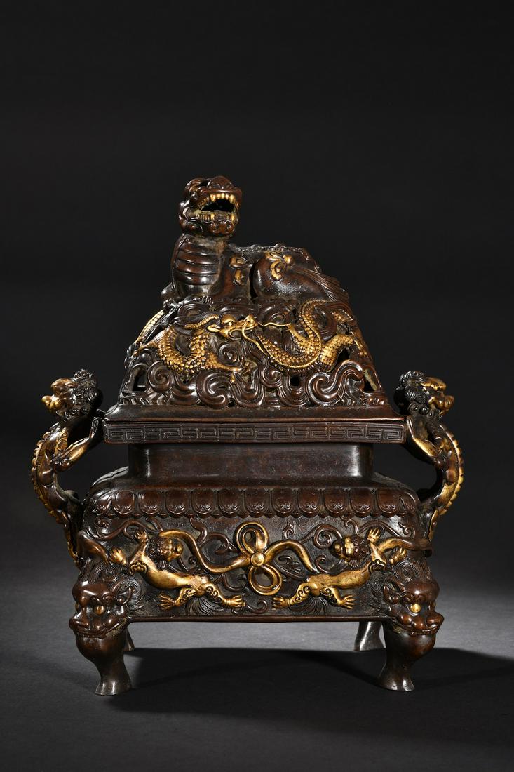 A Fine Gilt-Copper Carved Dragon Censer (1 of 9)