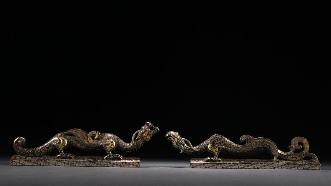 A Pair of Rare Bronze Inlaid Gold and Silver Dragon and Phoenix Ornament (1 of 9)