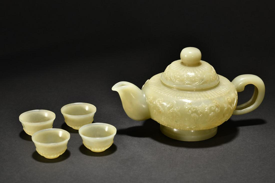 A Set of Rare Hetian Jade Carved Teapot With Cups (1 of 9)