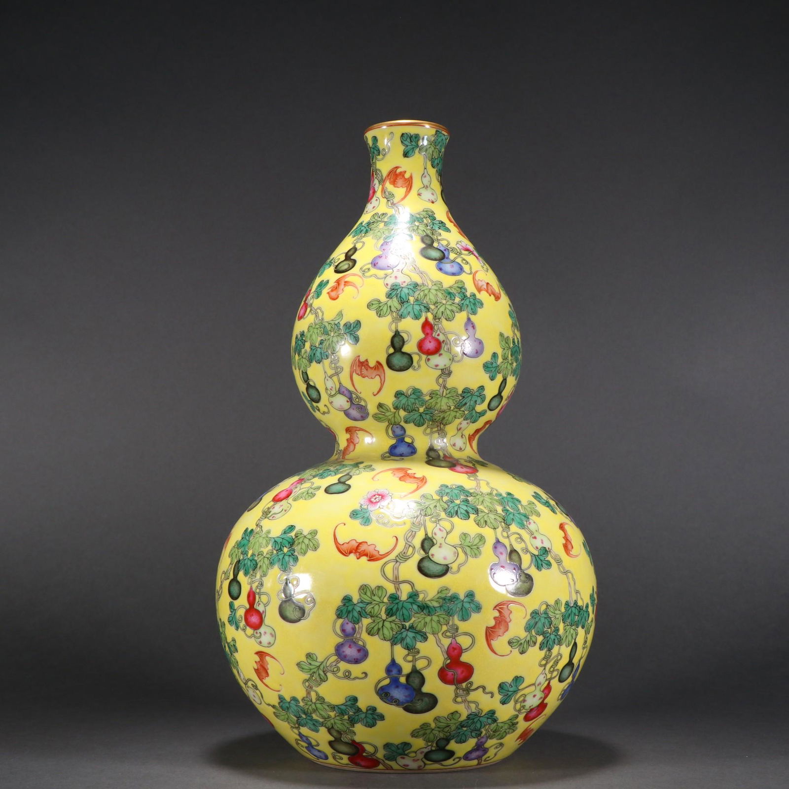 A Rare Famille-rose Yellow Glaze Gourd Vase (1 of 9)