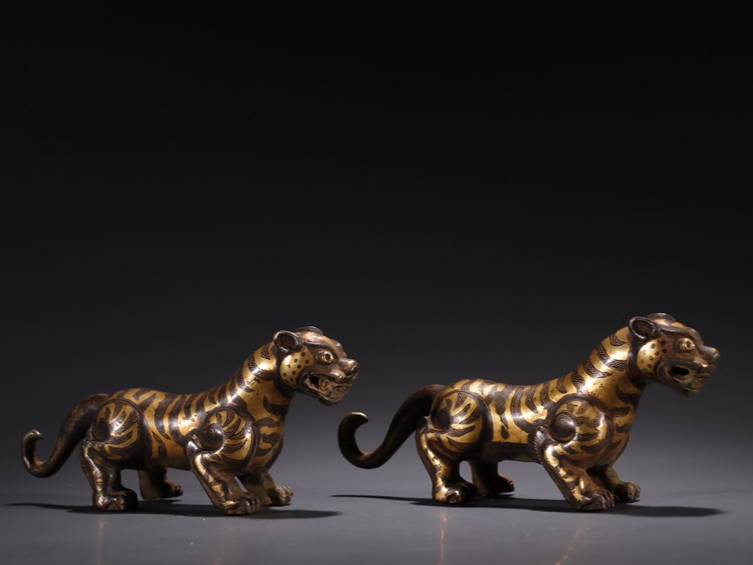 A Pair of Rare Bronze Inlaid Gold and Silver Tiger Ornaments (1 of 9)