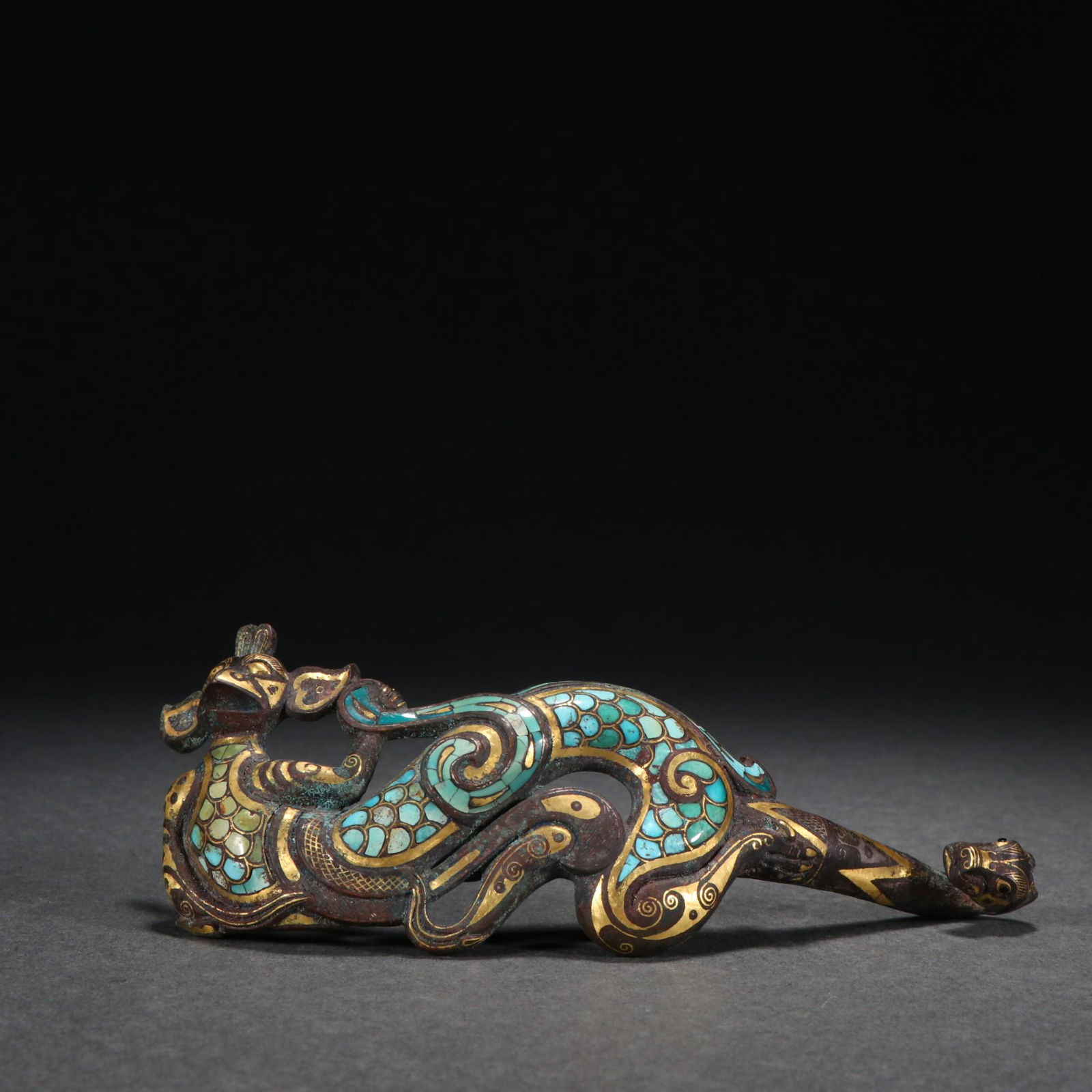 A Rare Bronze Inlaid Gold and Turquoise Dragon Buckle (1 of 9)