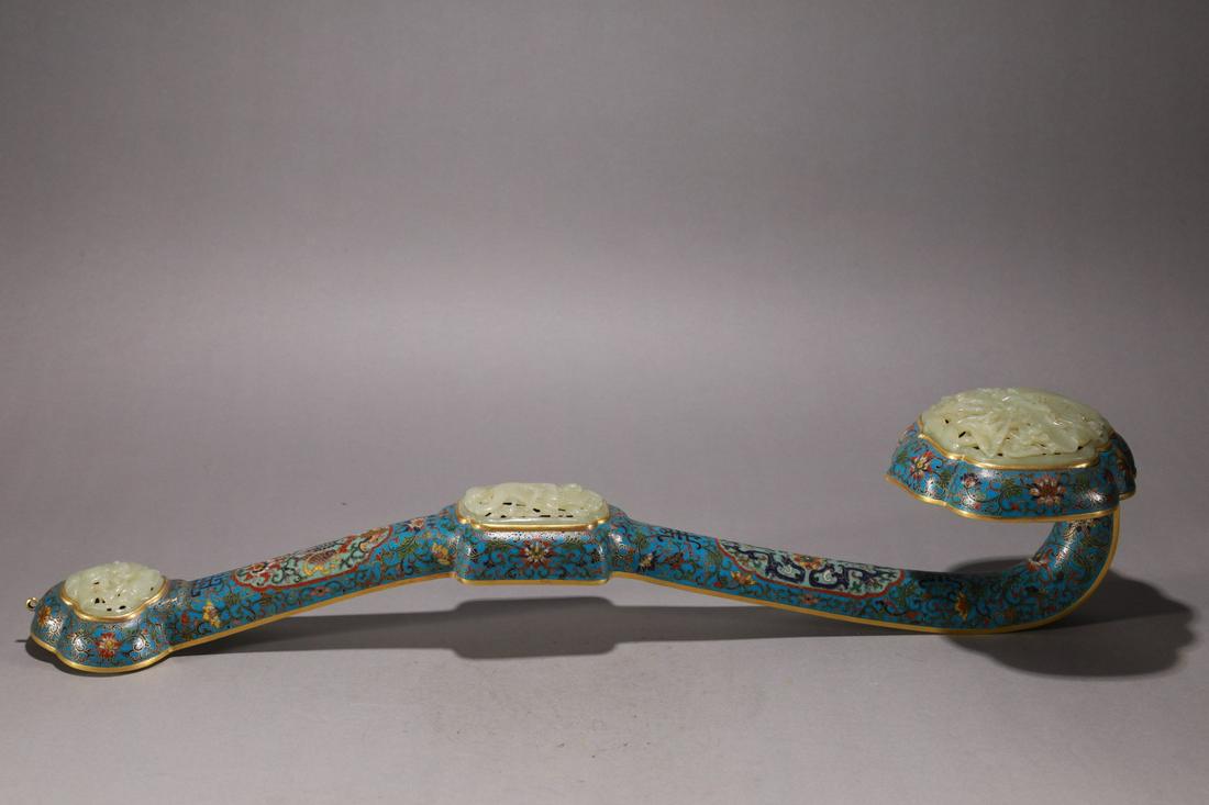 A Fine Gilt-bronze Cloisonne Inlaid Jade Ruyi Scepter (1 of 9)