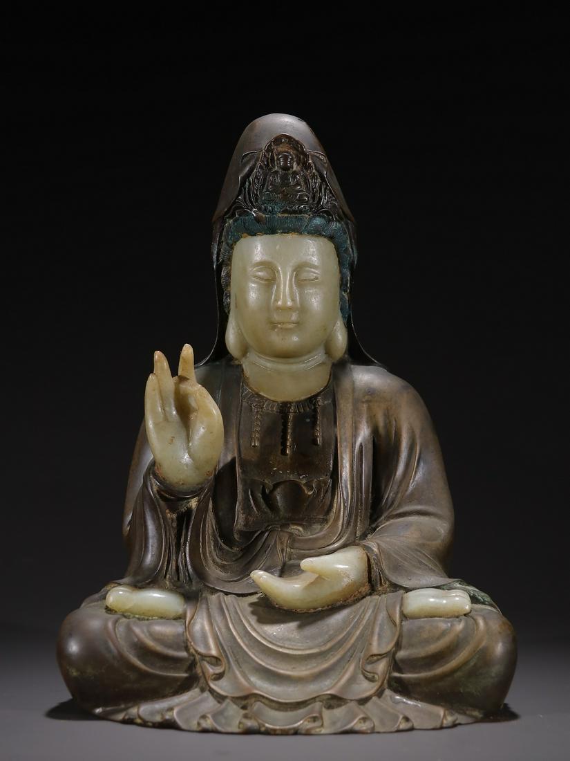 A Fine Bronze Inlaid Jade Seated Avalokitesvara (1 of 9)