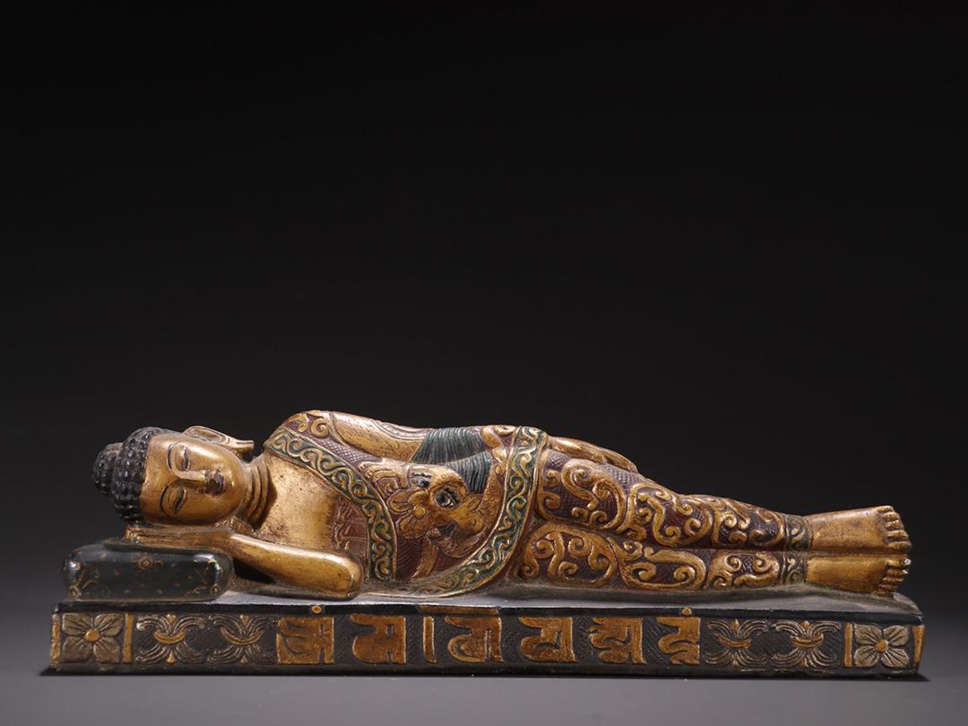 A Rare Black Stone Painted Gold Sleeping Buddha Ornament From Nepal (1 of 9)