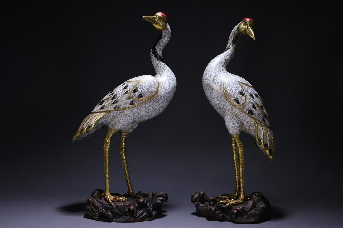 A Pair of Fine Gilt-bronze Cloisonne Crane Ornaments (1 of 9)