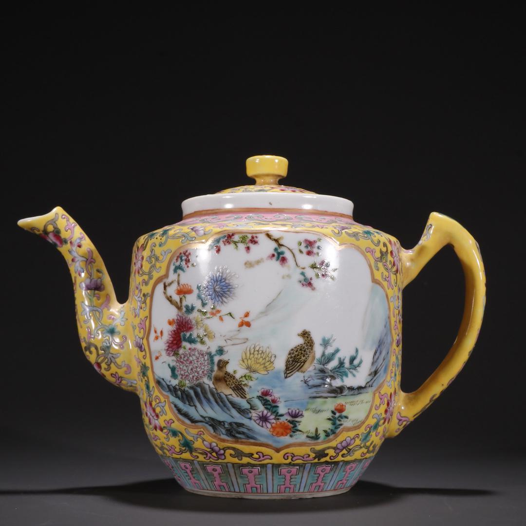 A Rare Yellow Glazed Enamel Flower and Bird Teapot (1 of 9)