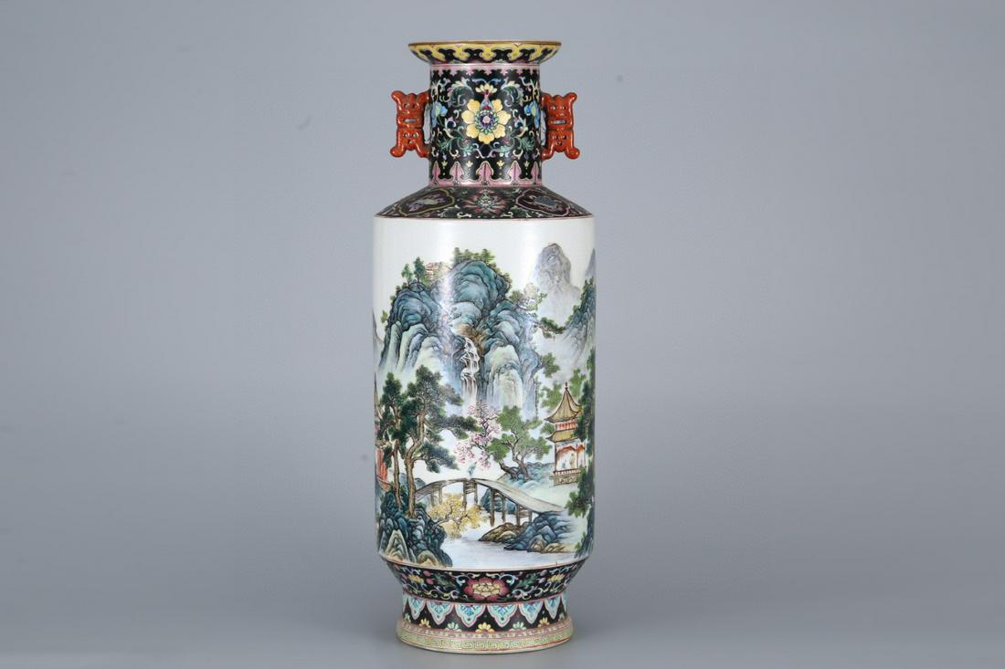 A Larger and Rare Famille-rose 'Landscape and Character Story' Stick Croquet Bottle (1 of 9)