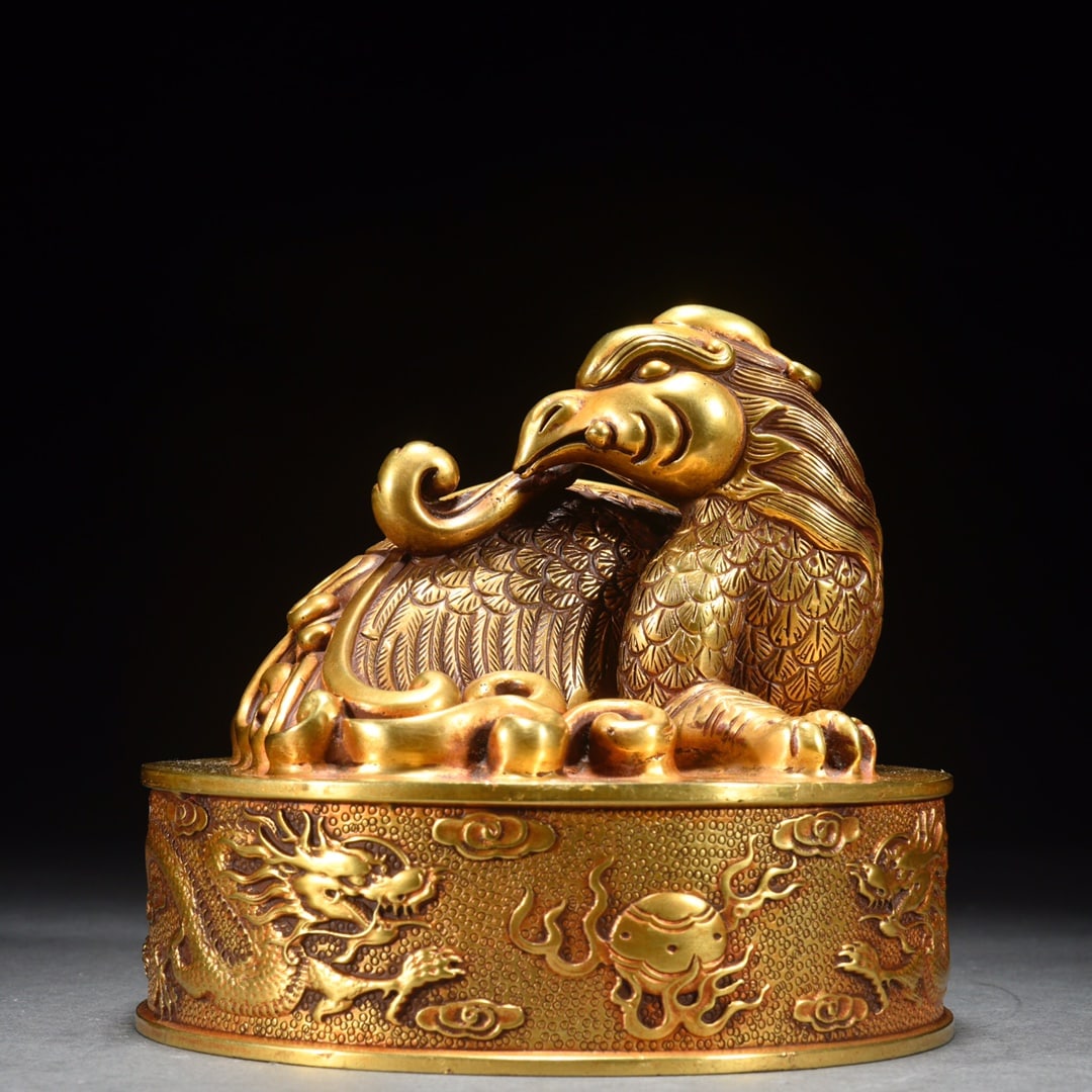 A Rare and Larger Gilt-bronze Phoenix Button Seal (1 of 9)