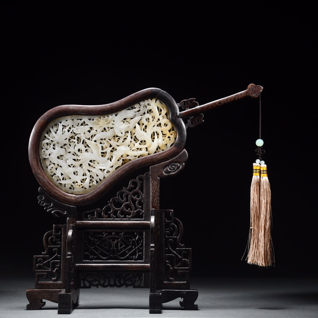 A Rare and Top Zitan Wood Inlaid Hetian Jade Table Screen (1 of 9)