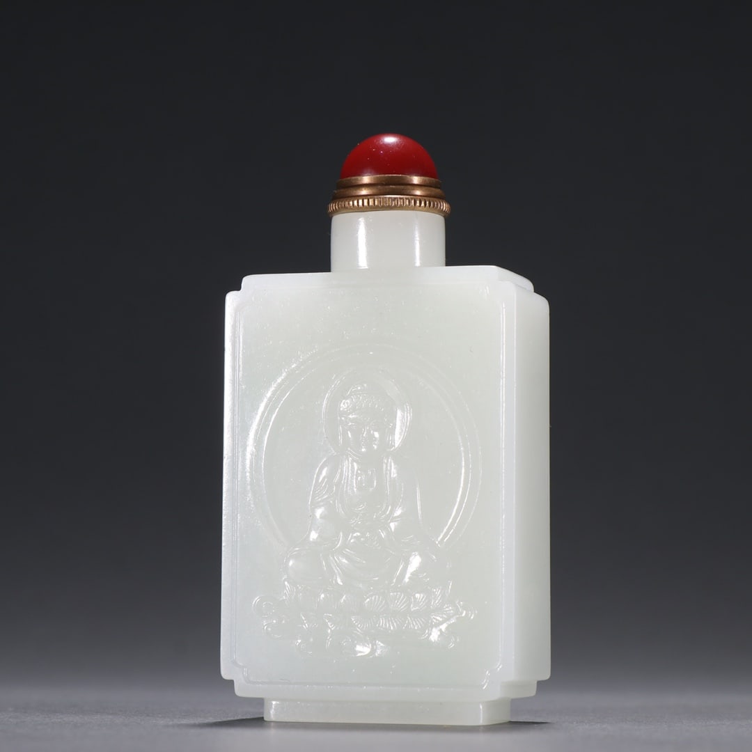 A Precious and Rare Hetian White Jade Snuff Bottle with Scripture (1 of 9)