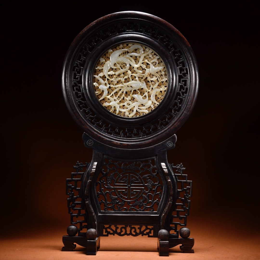 A Precious and Fine Redwood and Hetian Jade 'Hundreds of birds and Phoenixes' Table Screen (1 of 9)