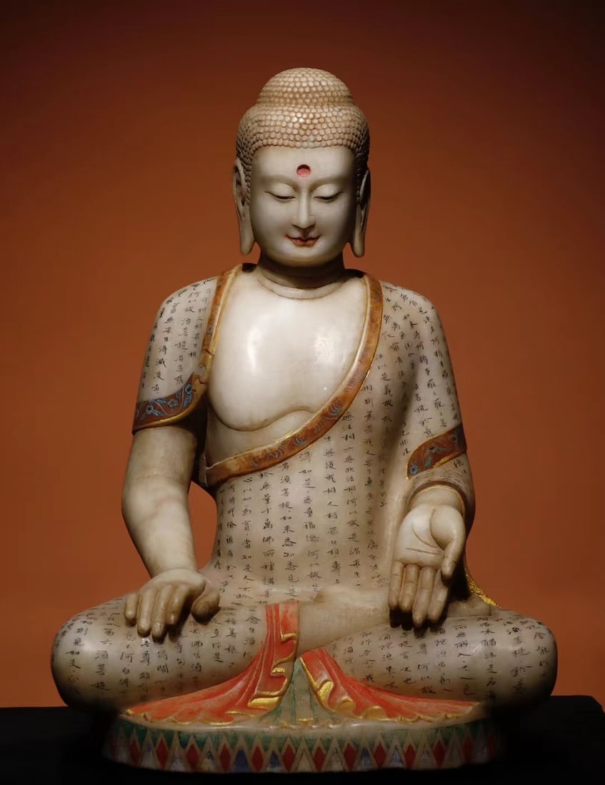 Tang and Han Dynasty White Jade Painted Buddha Statue (1 of 9)