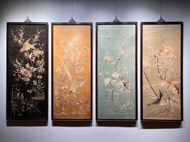 A Set Of Qing Dynasty Flower And Bird Embroidery With Four Screens