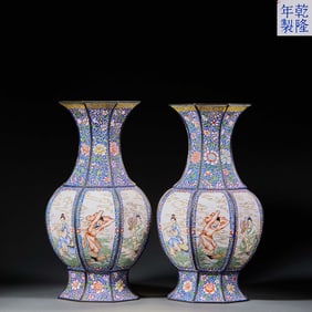 A pair of Qing Qianlong painted enamel windows and Eight Immortals enjoying bottles