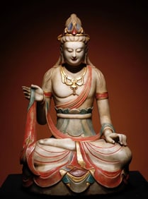 Tang Dynasty white marble gilded painted Guanyin statue