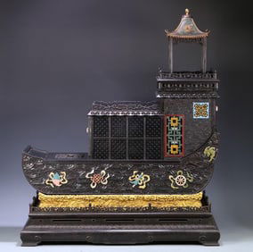 Palace rosewood inlaid jade treasure ship jewelry box