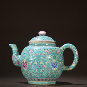 Pine Stone Green Space Pink Wrapped Lotus Pattern Teapot