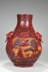A clear red lacquerware "Qianlong Imperial Inscription" with a window opening, a figure, and a beast