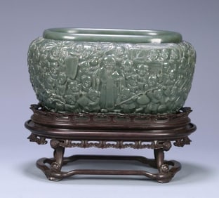 Hetian jade paired with small leaved rosewood "Hundred Carvings for Birthday" washed with water